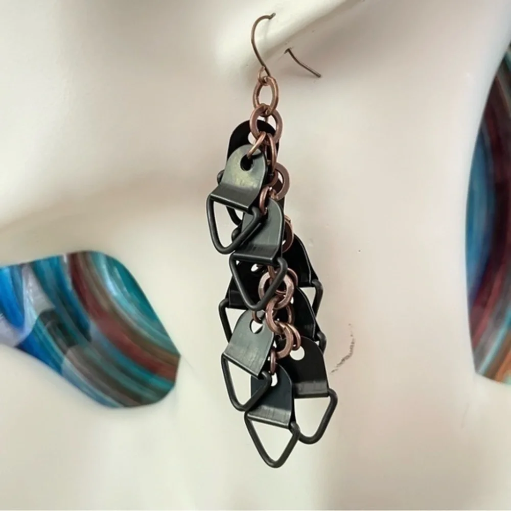 2/$29 Handmade Black Copper Mixed Metal Dangling Earrings 3.5” Upcycled NWT